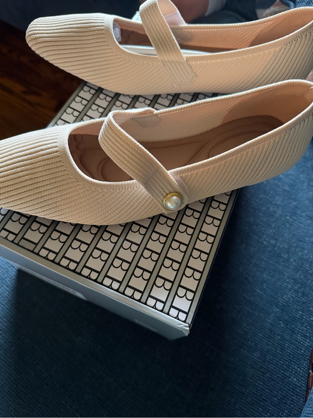 Cream Mary Jane Knit Flats with Pearl Button